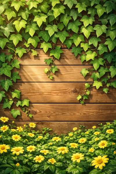 Ivy Vines On Rustic Wooden Wall With Yellow Flowers
