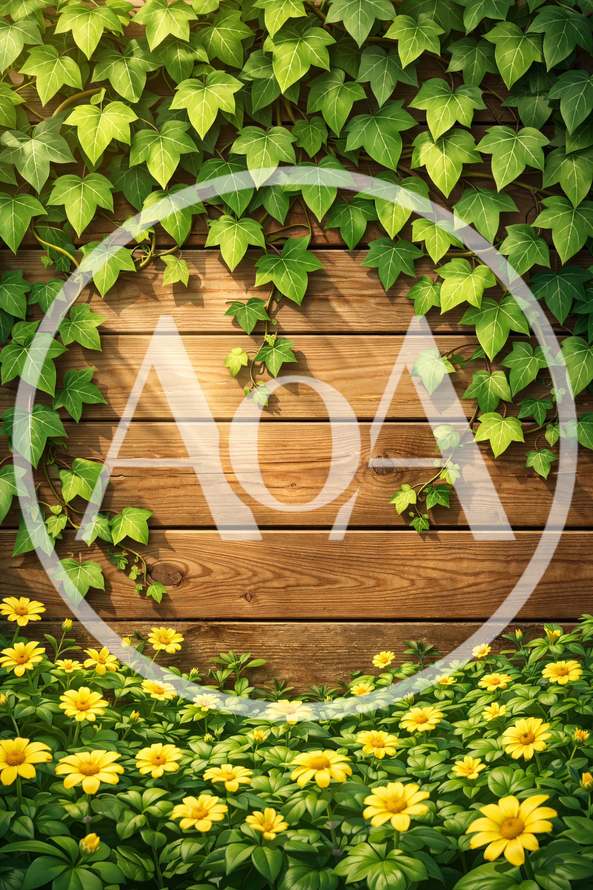 Ivy Vines On Rustic Wooden Wall With Yellow Flowers