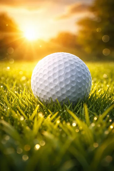 Golf Ball Resting on Green Grass at Sunset