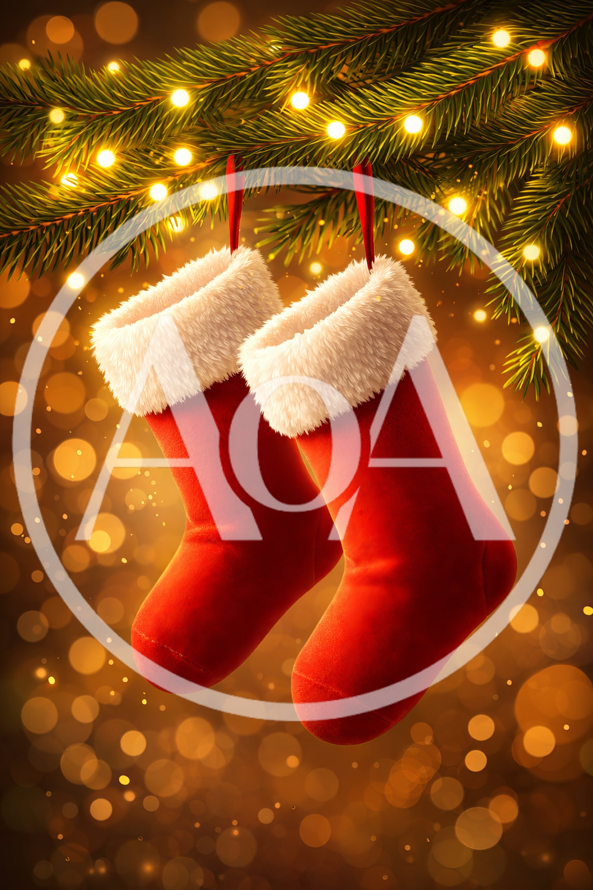 Two Red Christmas Stockings Hanging From Pine Branches