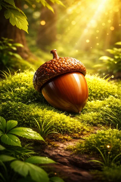 Single Acorn Resting On Lush Green Forest Moss