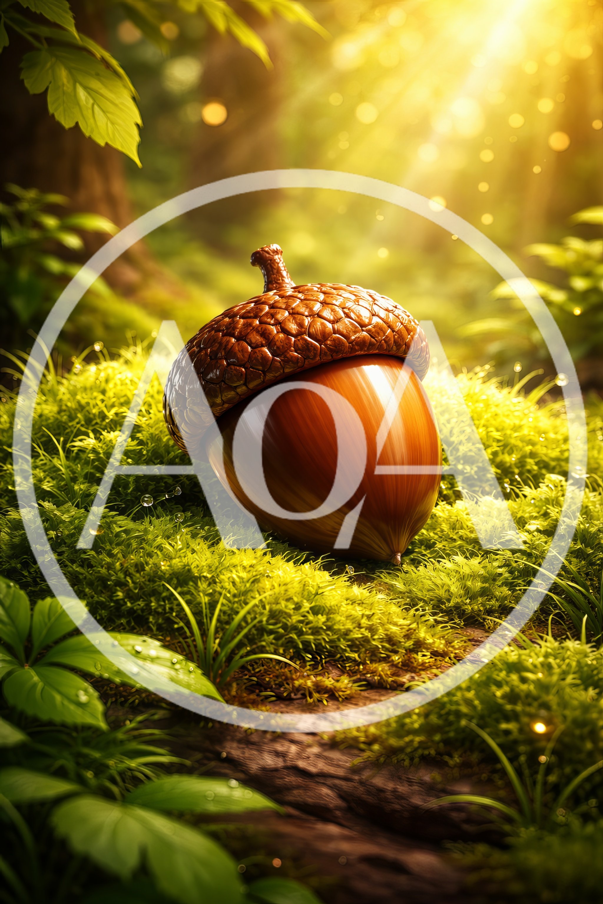 Single Acorn Resting On Lush Green Forest Moss