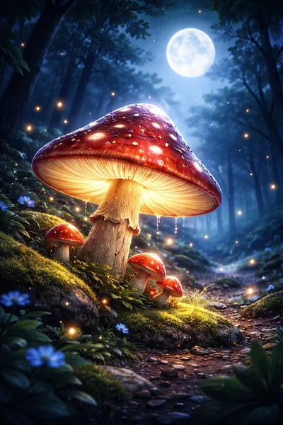 Glowing Giant Mushroom in Enchanted Forest at Night