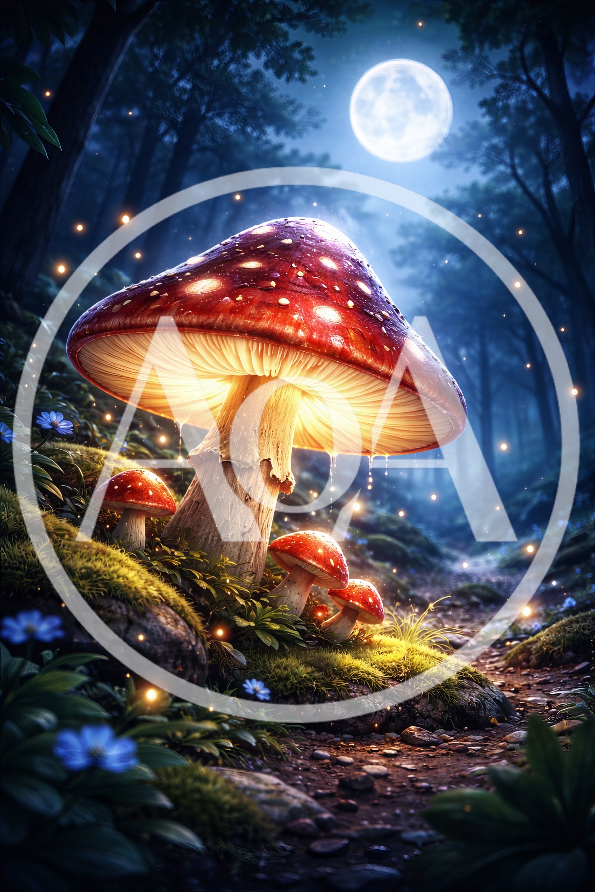 Glowing Giant Mushroom in Enchanted Forest at Night