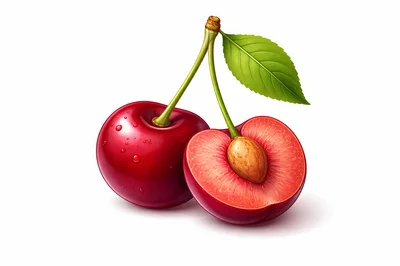 Fresh Red Cherries With A Leaf On White Background