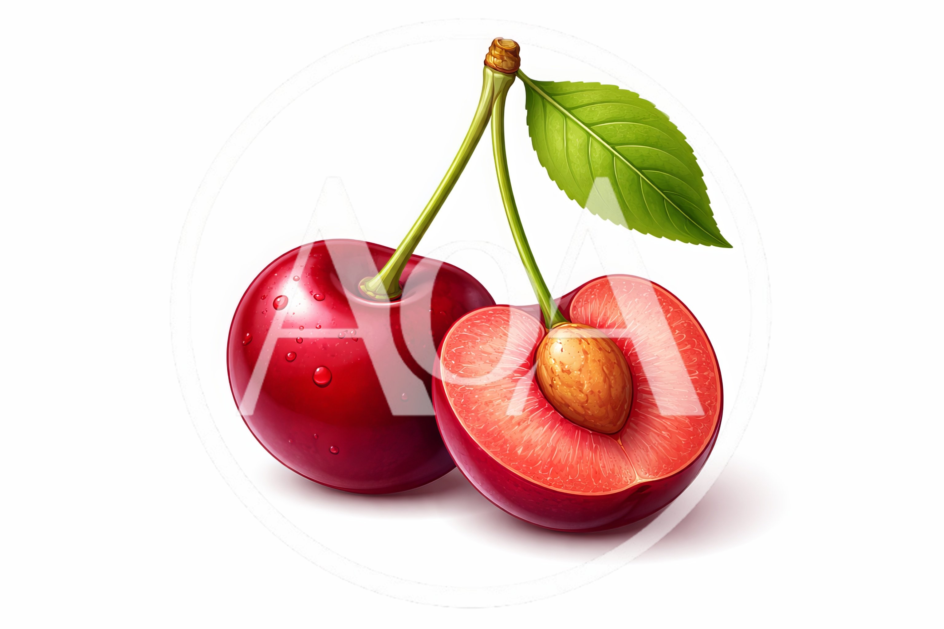 Fresh Red Cherries With A Leaf On White Background