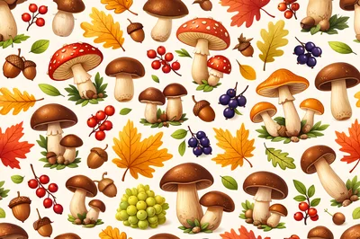 Autumn Forest Pattern With Mushrooms And Leaves