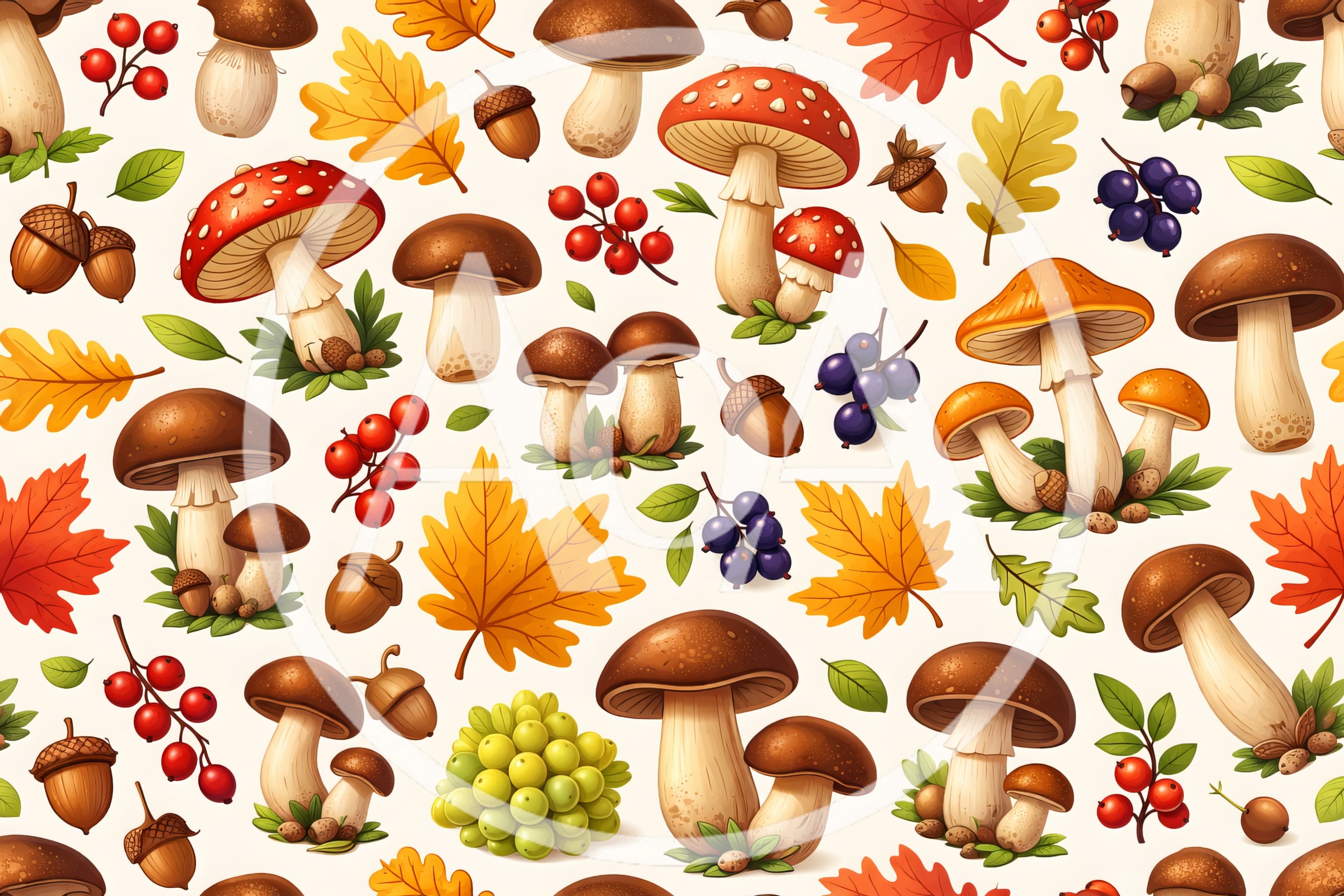 Autumn Forest Pattern With Mushrooms And Leaves