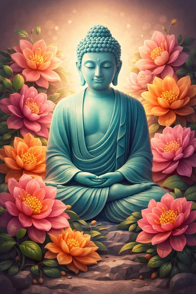 Meditating Buddha Statue Surrounded By Vibrant Lotus Flowers