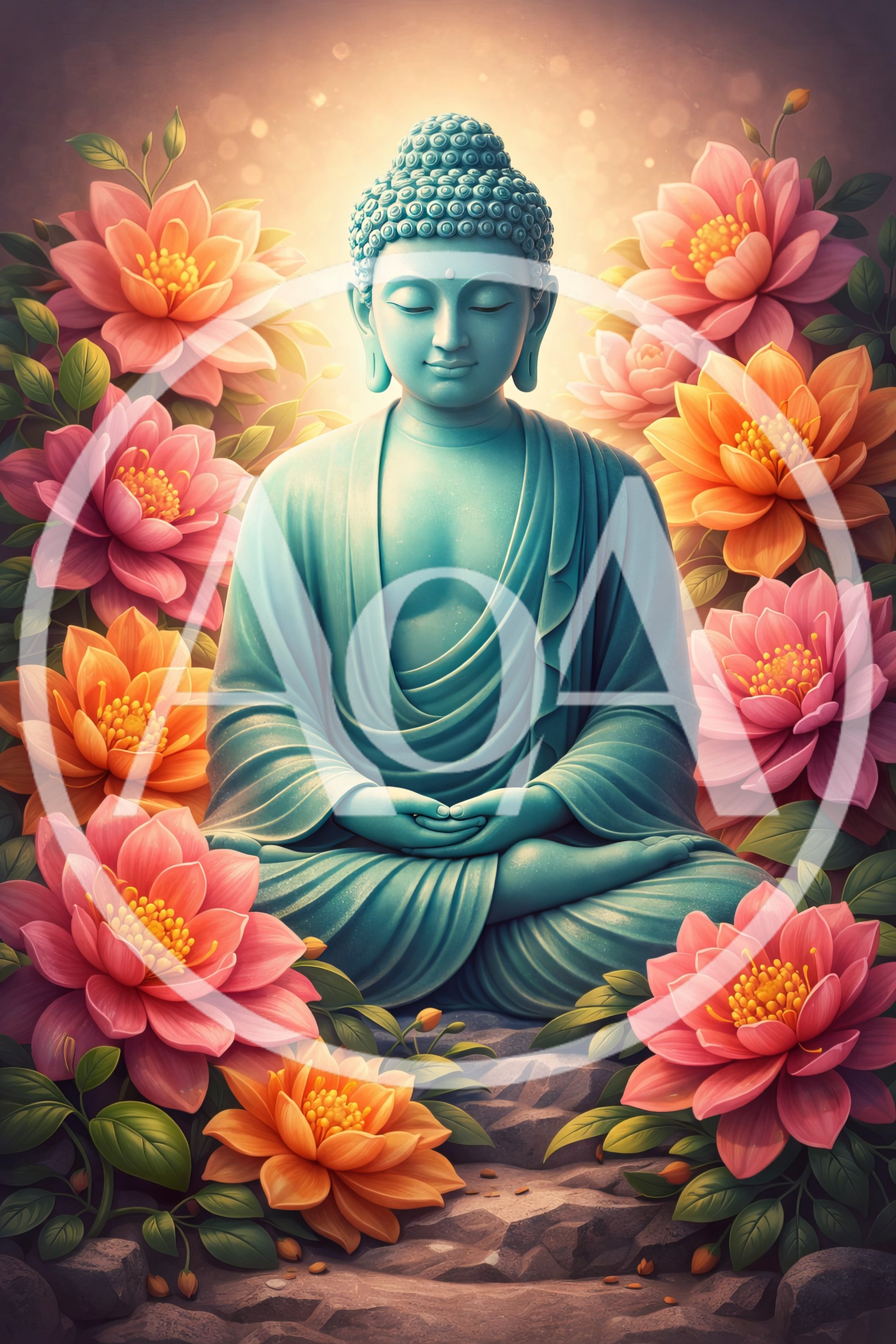 Meditating Buddha Statue Surrounded By Vibrant Lotus Flowers