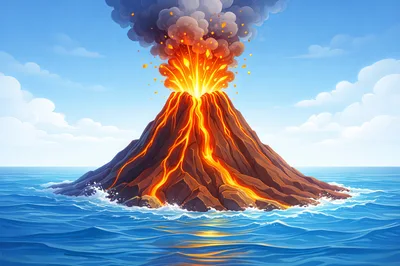 Erupting Volcanic Island In The Middle Of The Ocean