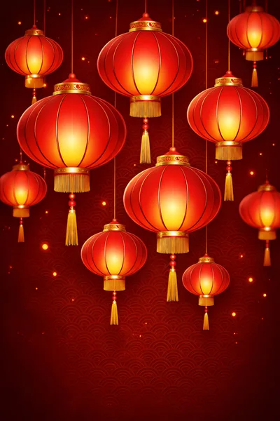 Traditional Red Chinese Lanterns Hanging Against Patterned Background