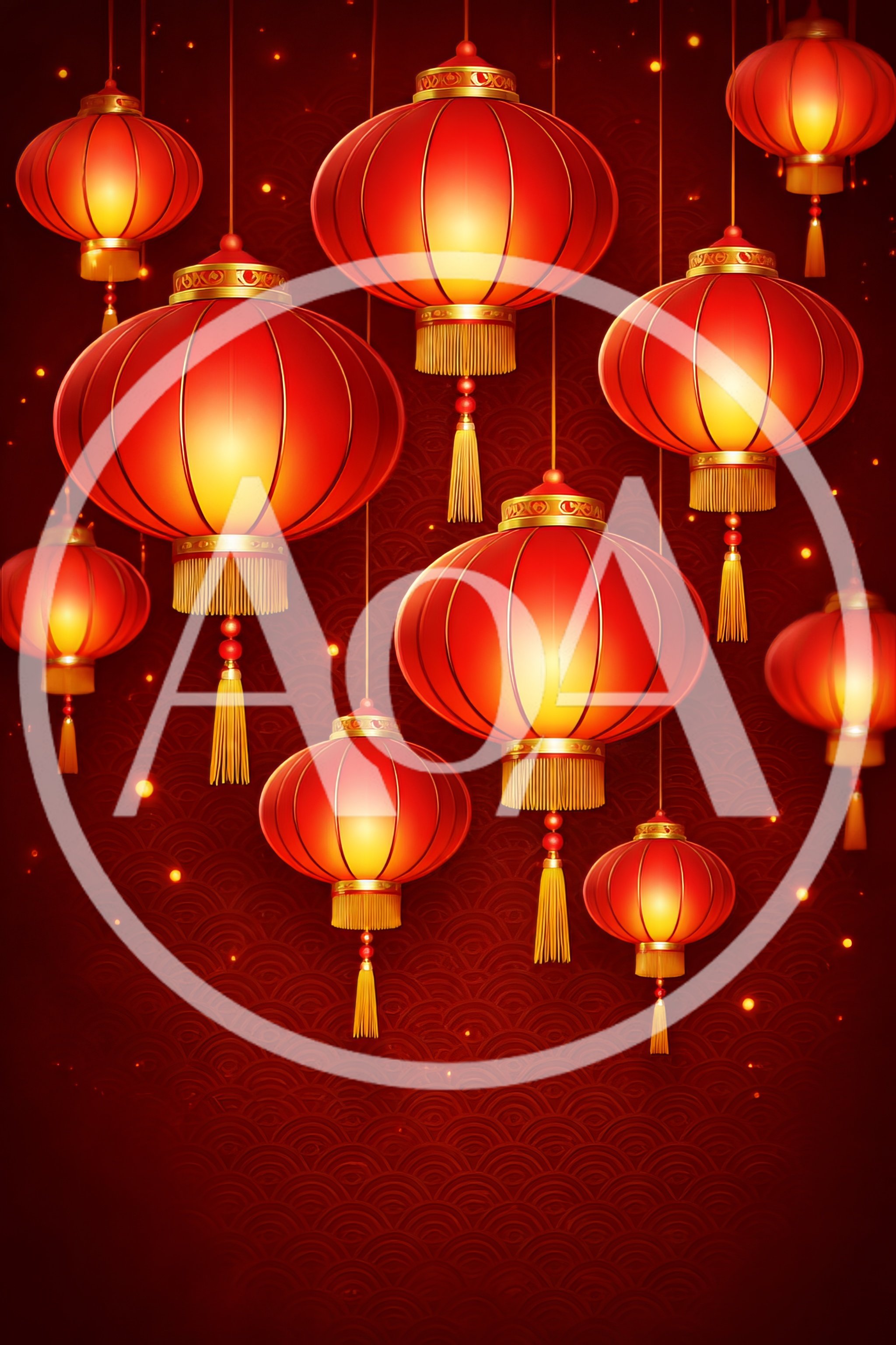 Traditional Red Chinese Lanterns Hanging Against Patterned Background