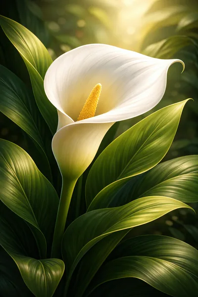 Single White Calla Lily Flower With Lush Green Leaves