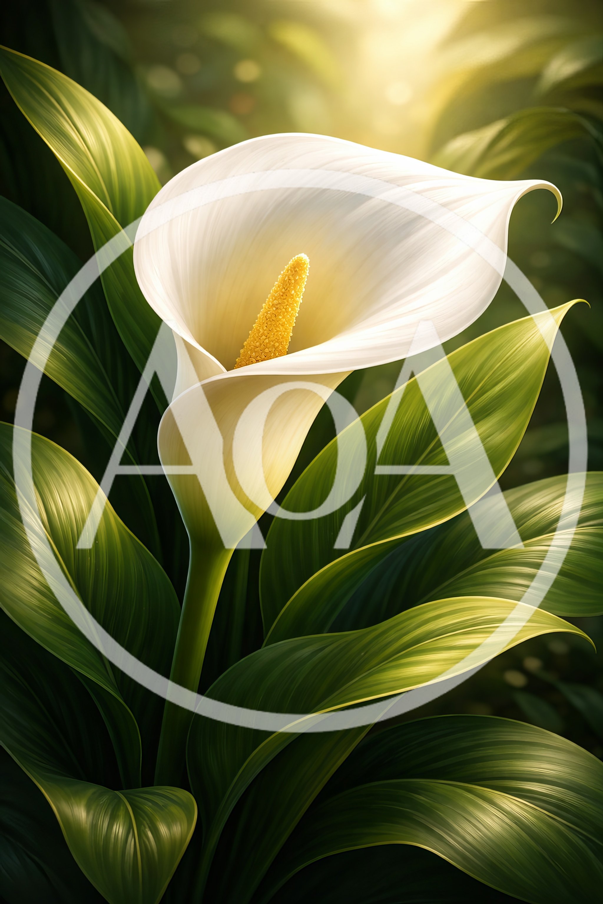 Single White Calla Lily Flower With Lush Green Leaves