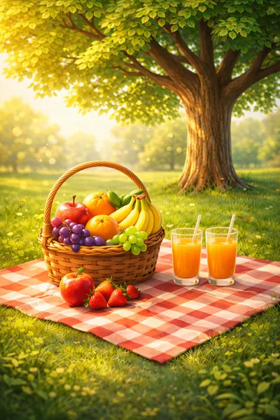 Picnic Basket With Fresh Fruit And Juice On A Blanket