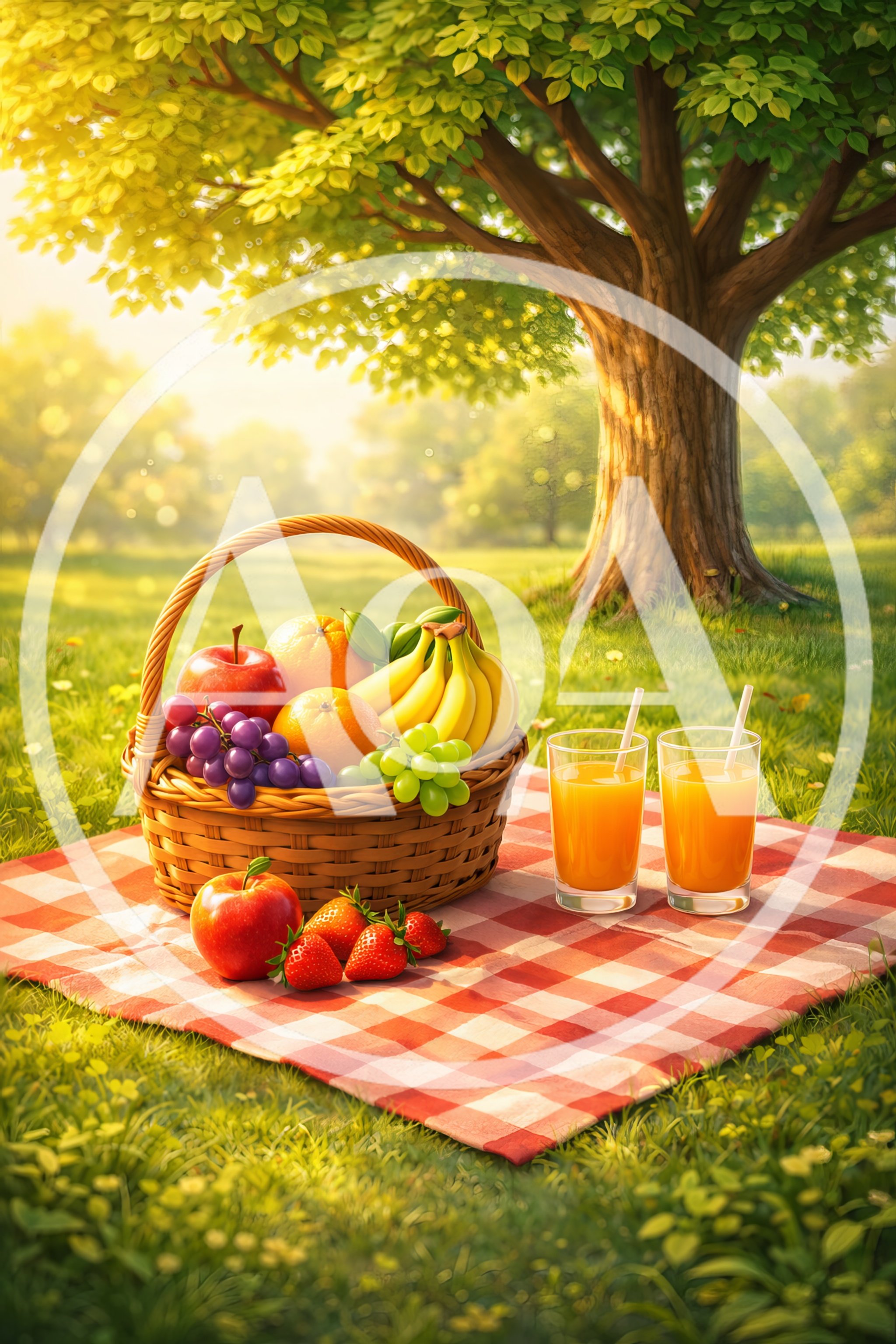 Picnic Basket With Fresh Fruit And Juice On A Blanket