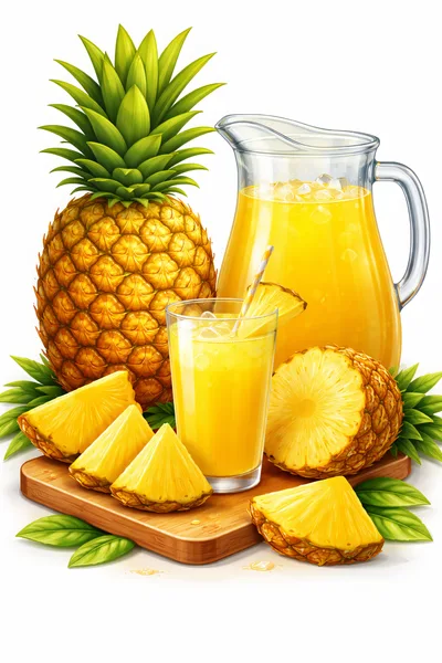 Fresh Pineapple Juice With Sliced Fruit On Wooden Board