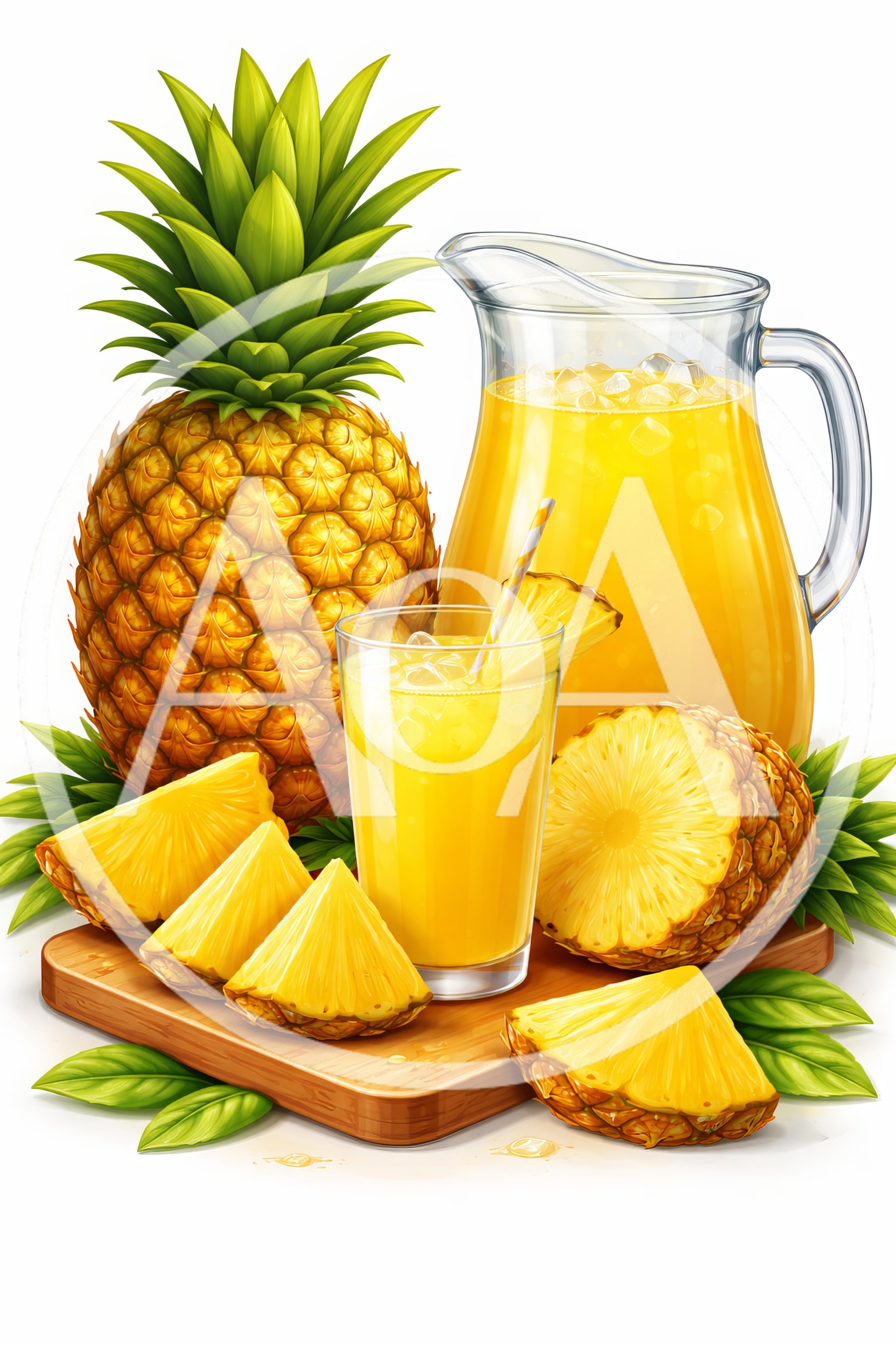 Fresh Pineapple Juice With Sliced Fruit On Wooden Board