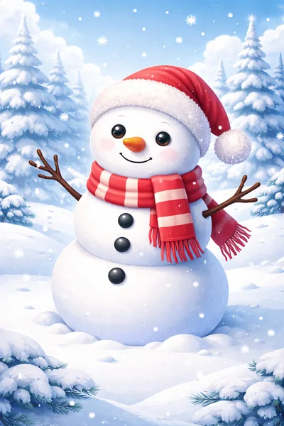 Cheerful Snowman Wearing A Santa Hat And Scarf