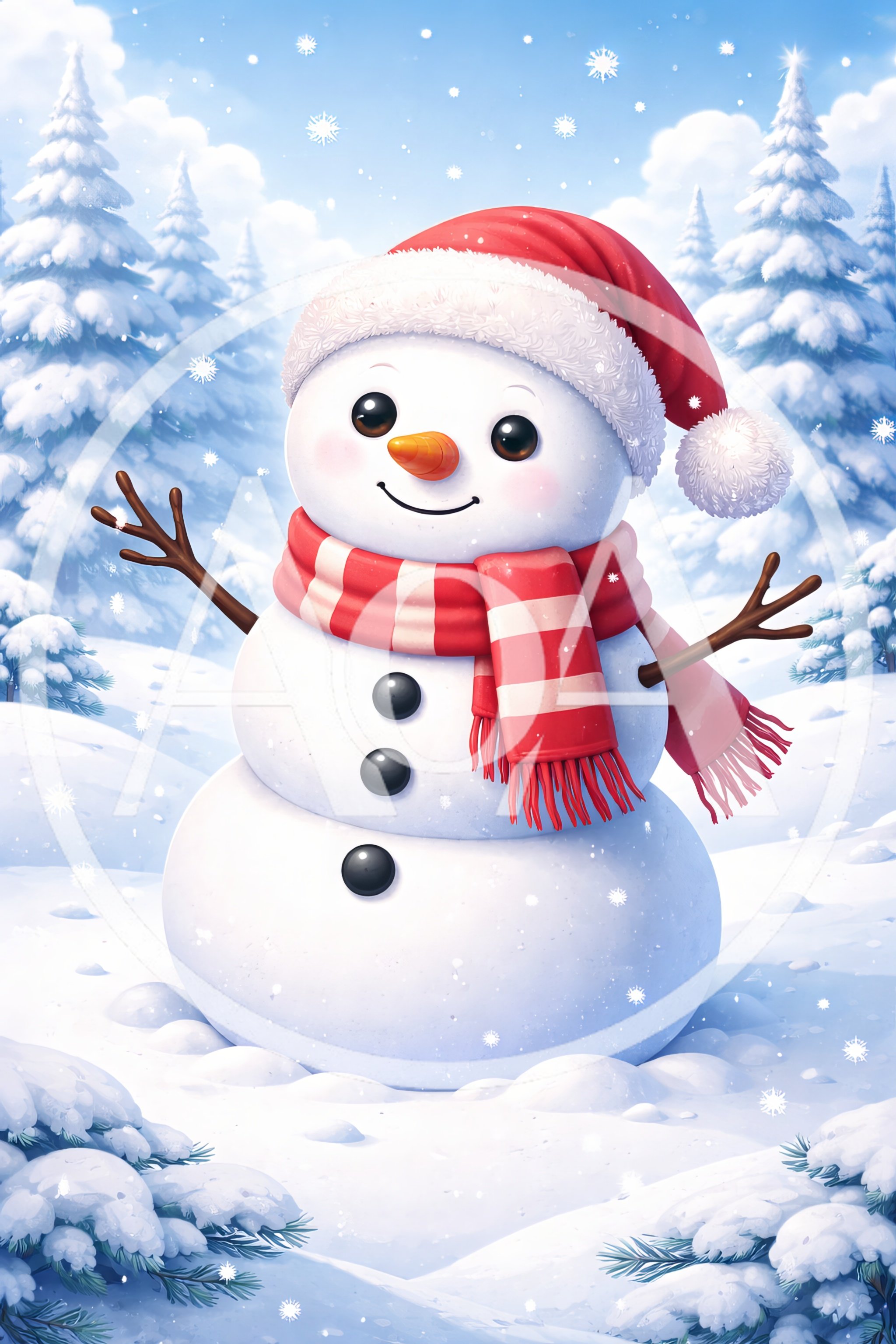 Cheerful Snowman Wearing A Santa Hat And Scarf