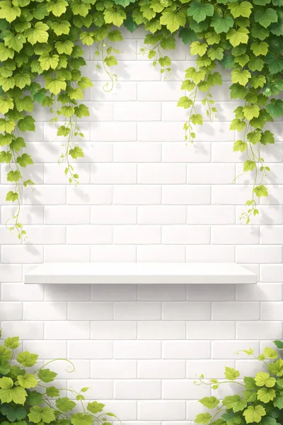 Empty White Shelf Against Brick Wall With Ivy