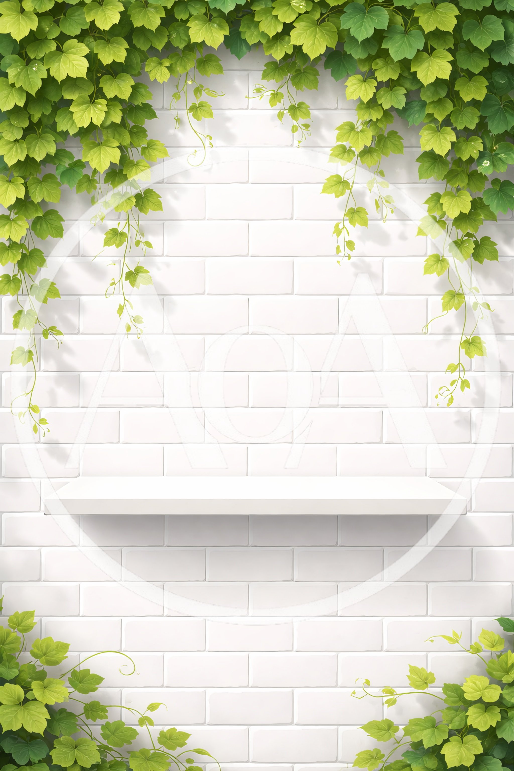 Empty White Shelf Against Brick Wall With Ivy