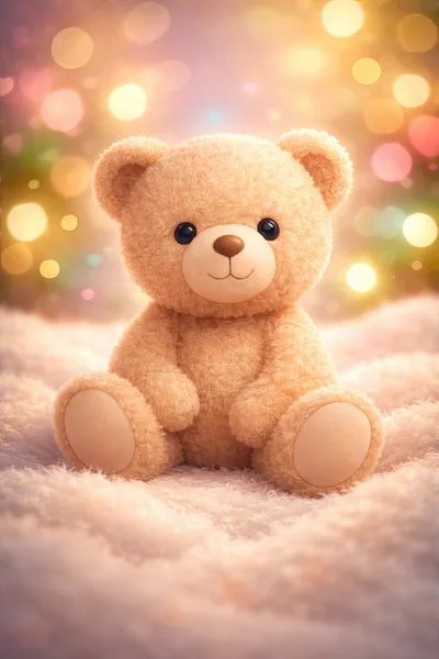 Cute Teddy Bear Sitting On Soft White Fur