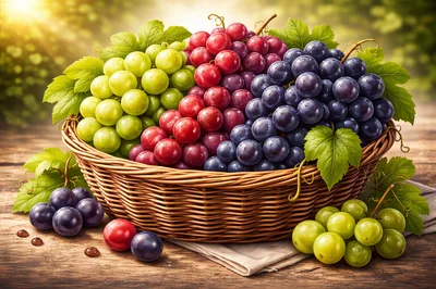 Wicker Basket Filled With Assorted Fresh Grapes