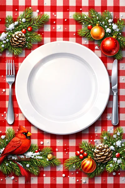 Empty White Plate on Festive Christmas Table Setting