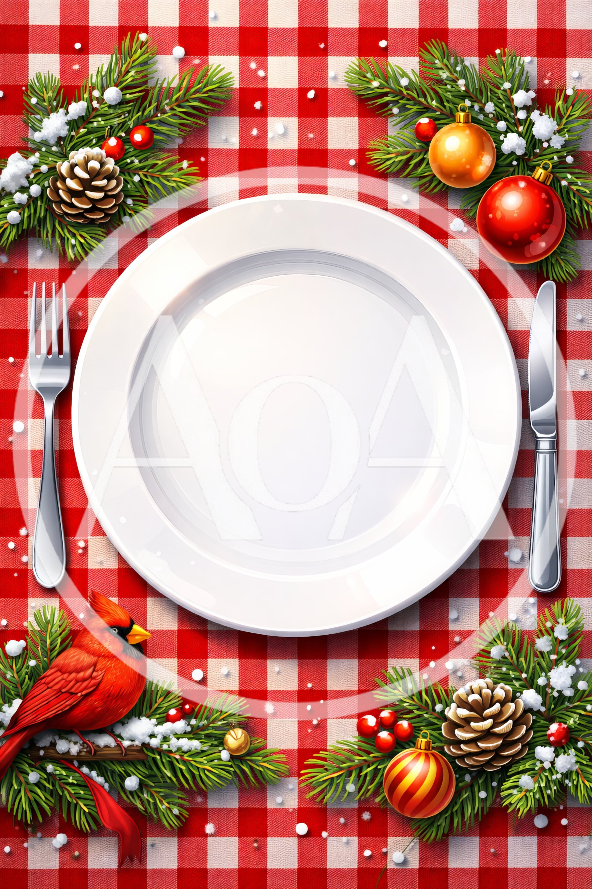 Empty White Plate on Festive Christmas Table Setting