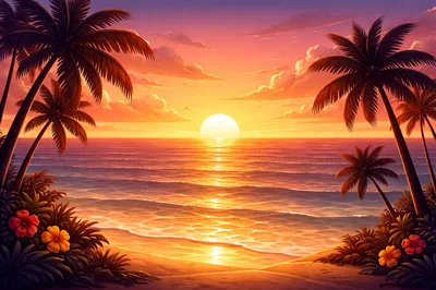 Tropical Beach Sunset With Palm Trees And Flowers