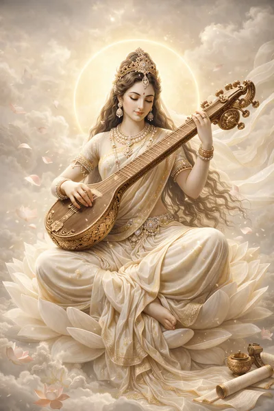 Goddess Saraswati Playing Veena On Lotus Throne