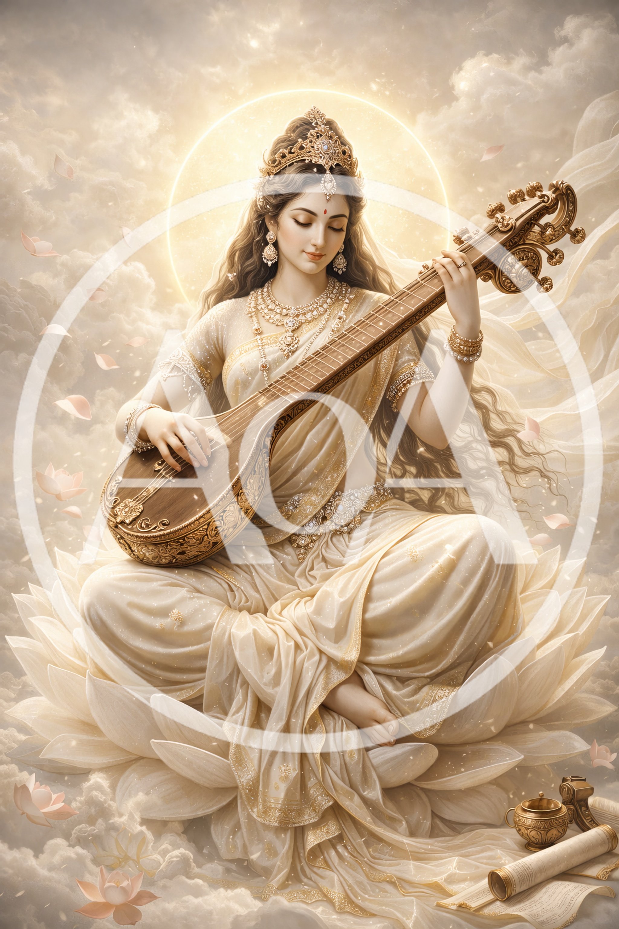 Goddess Saraswati Playing Veena On Lotus Throne