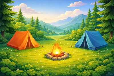 Camping Tents With Campfire In Mountain Meadow
