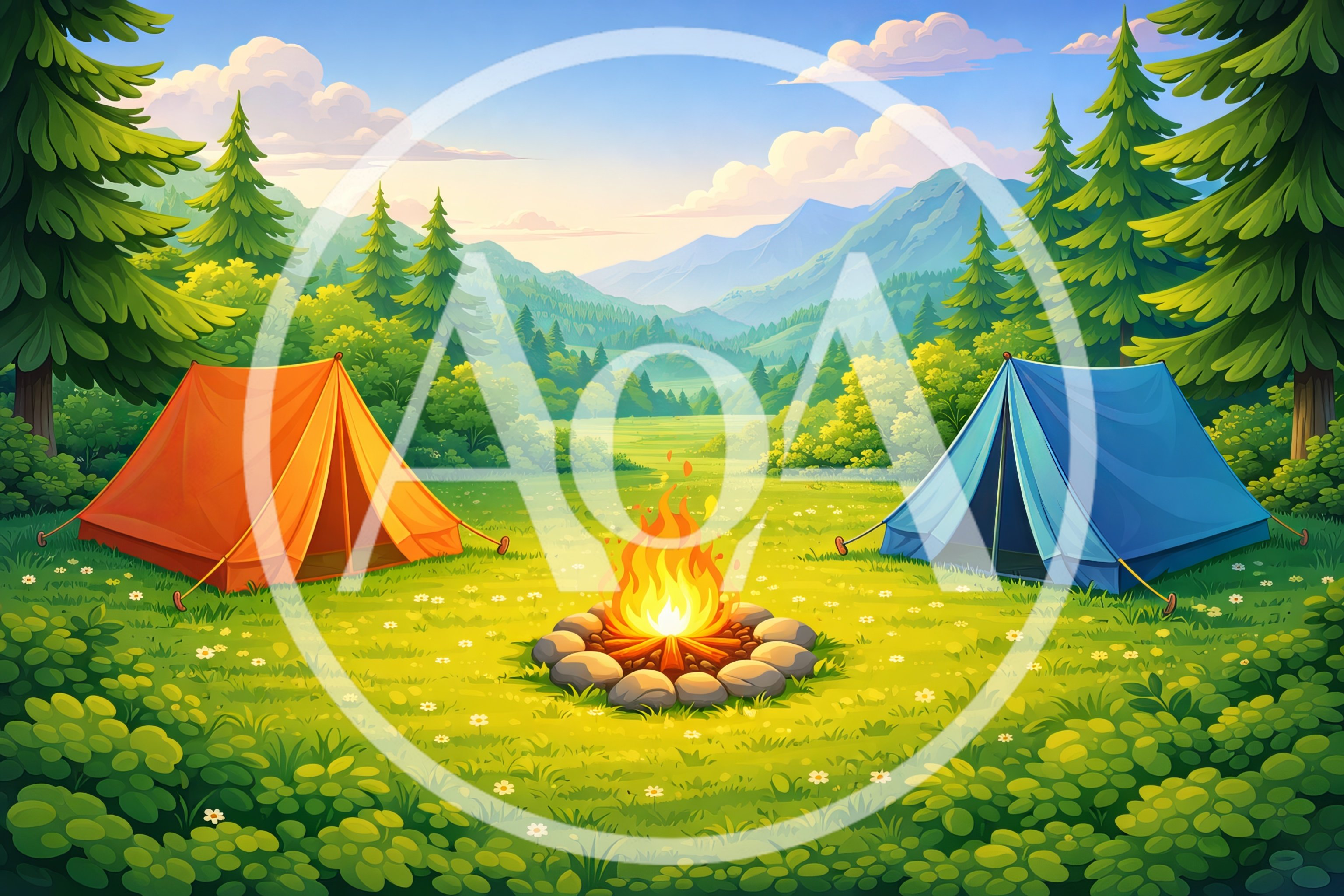 Camping Tents With Campfire In Mountain Meadow