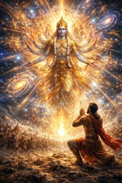 Vishnu Revealing Cosmic Form To Arjuna On Battlefield