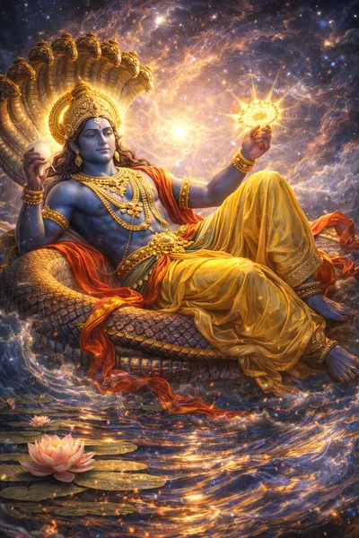 Lord Vishnu Reclining On Shesha Naga In Cosmic Ocean