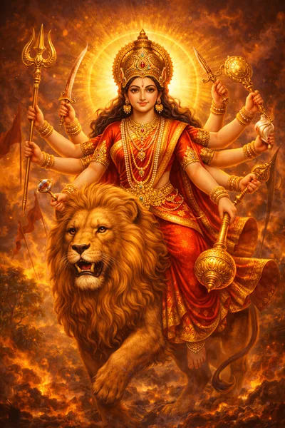 Goddess Durga Riding A Lion In Divine Battle