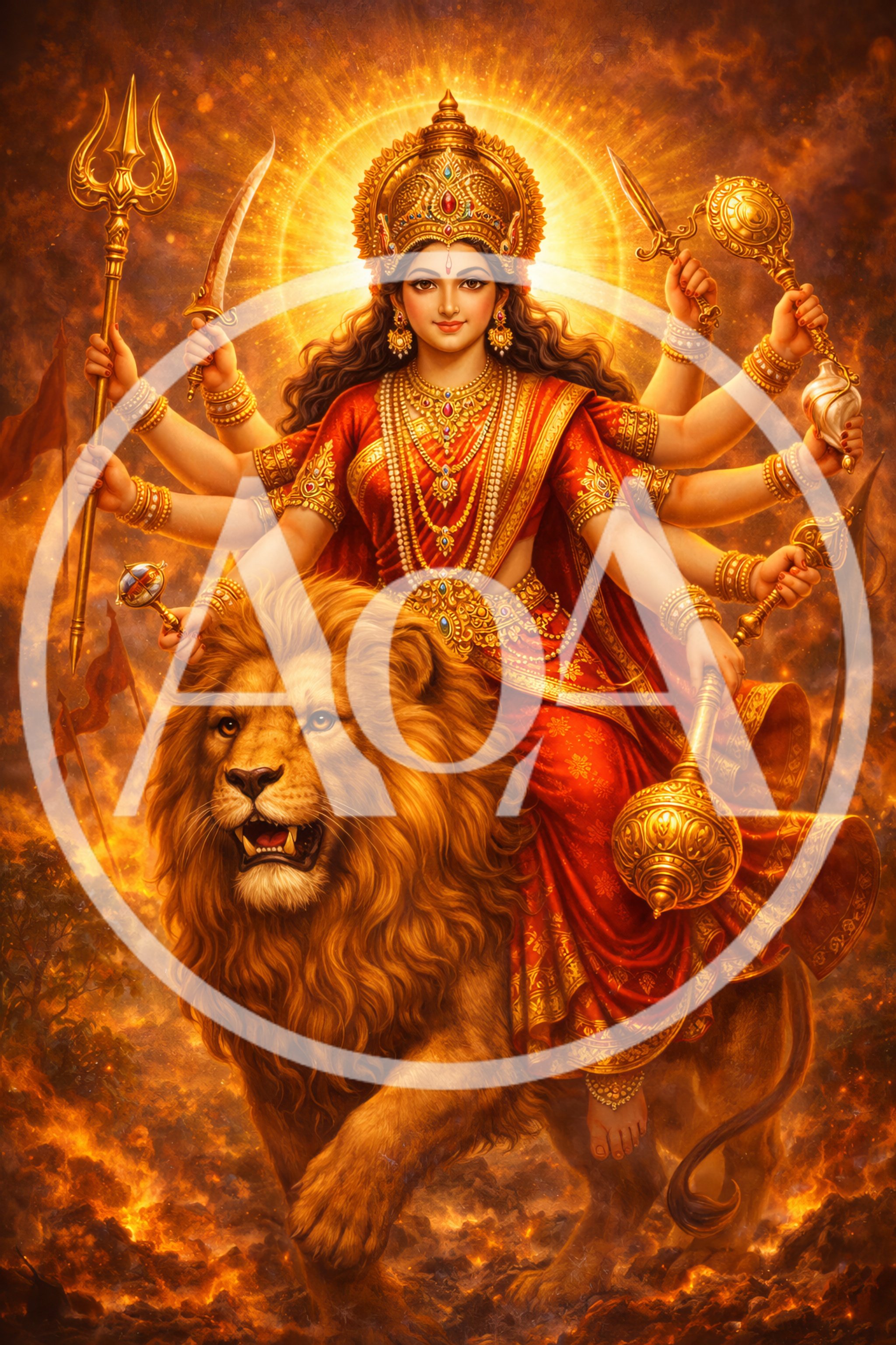 Goddess Durga Riding A Lion In Divine Battle