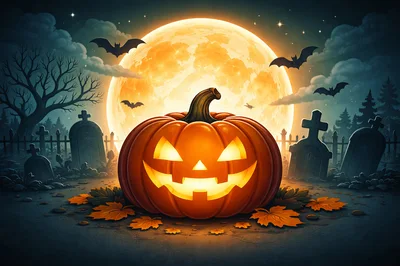 Glowing Jack O Lantern in a Spooky Graveyard
