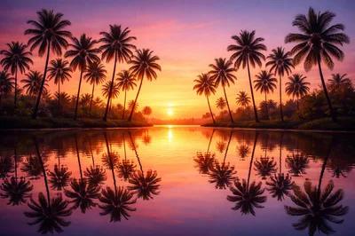 Tropical Sunset Over Calm River With Palm Tree Silhouettes