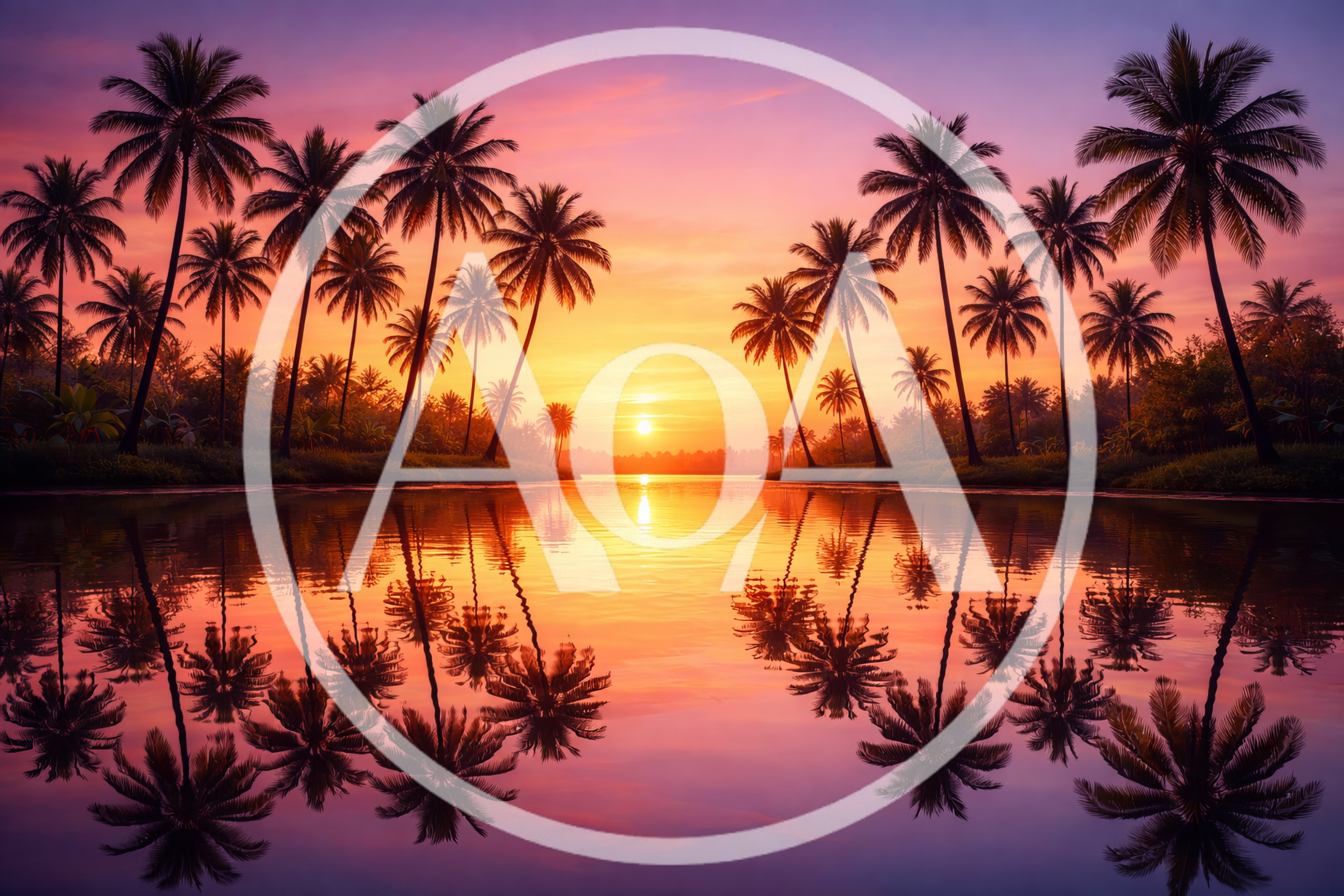Tropical Sunset Over Calm River With Palm Tree Silhouettes