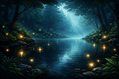 Enchanted Forest River With Glowing Fireflies At Night