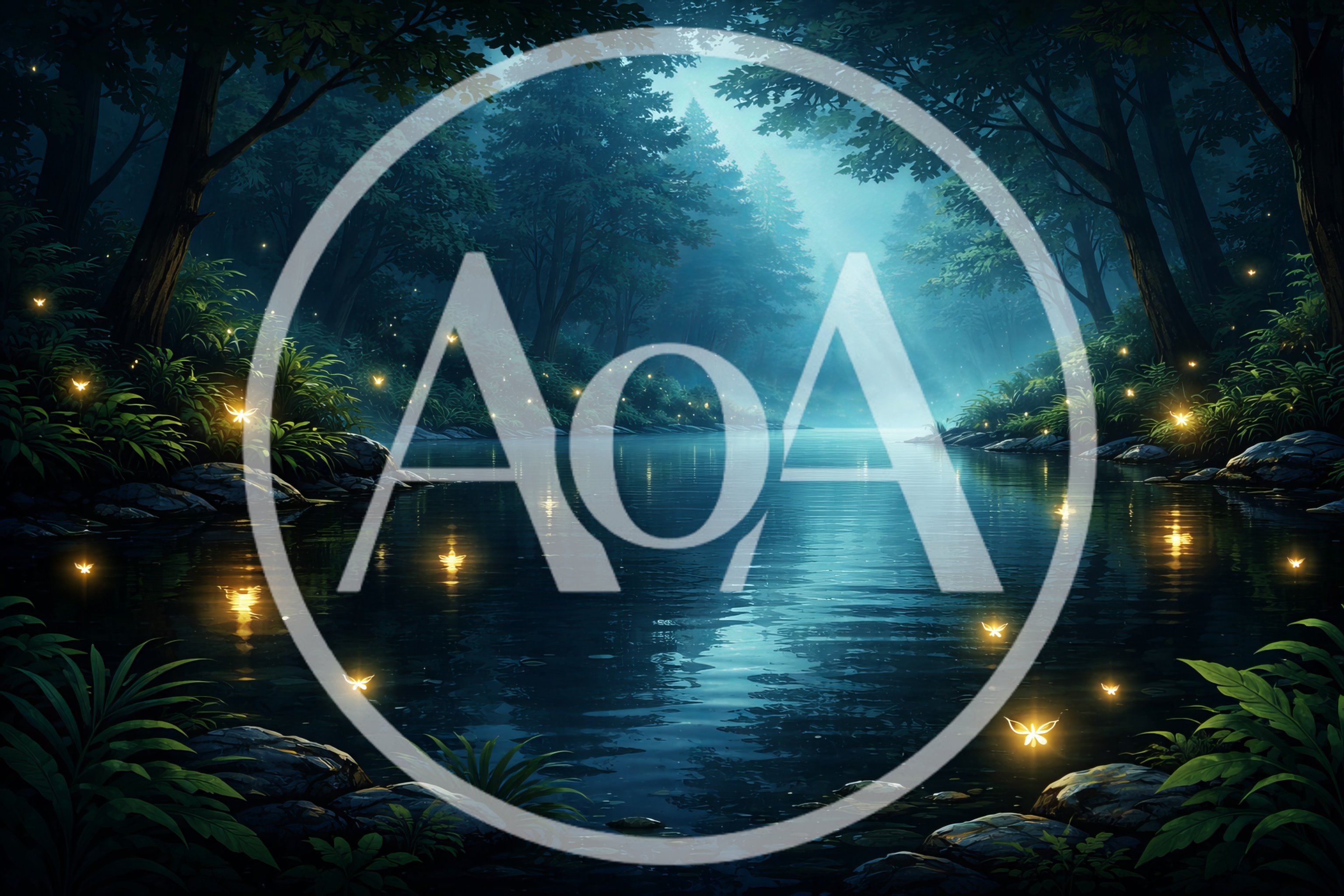 Enchanted Forest River With Glowing Fireflies At Night
