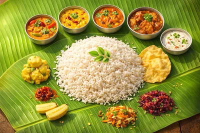 Traditional South Indian Meal Served On Banana Leaf