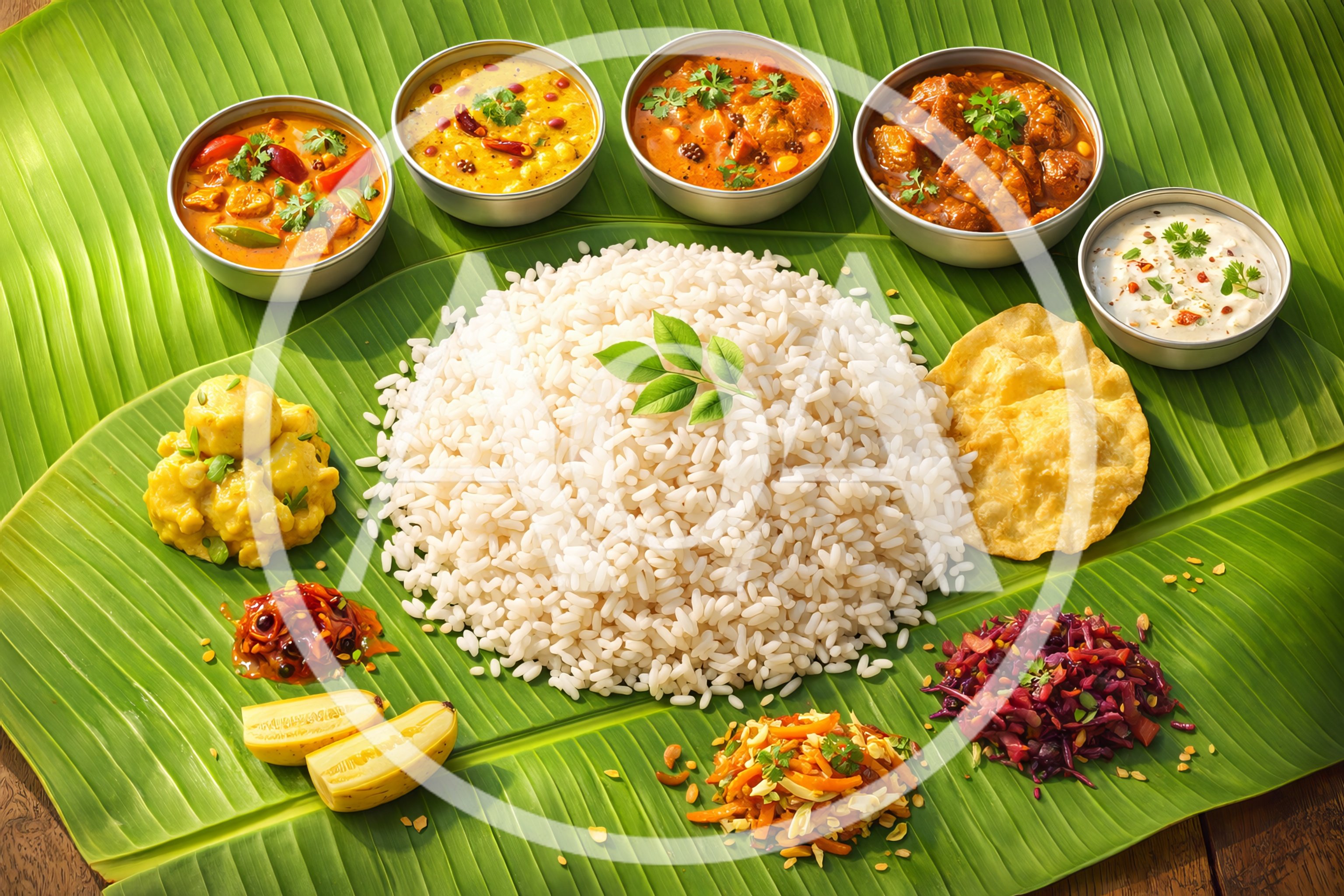 Traditional South Indian Meal Served On Banana Leaf