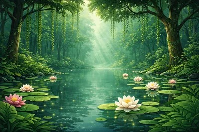 Enchanted Forest Pond With Blooming Water Lilies