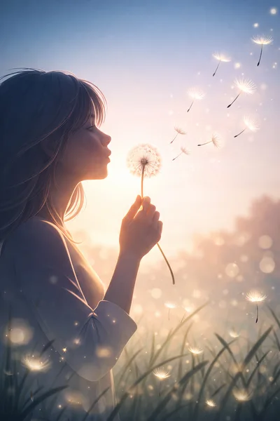 Young Woman Blowing Dandelion Seeds In Golden Hour Light