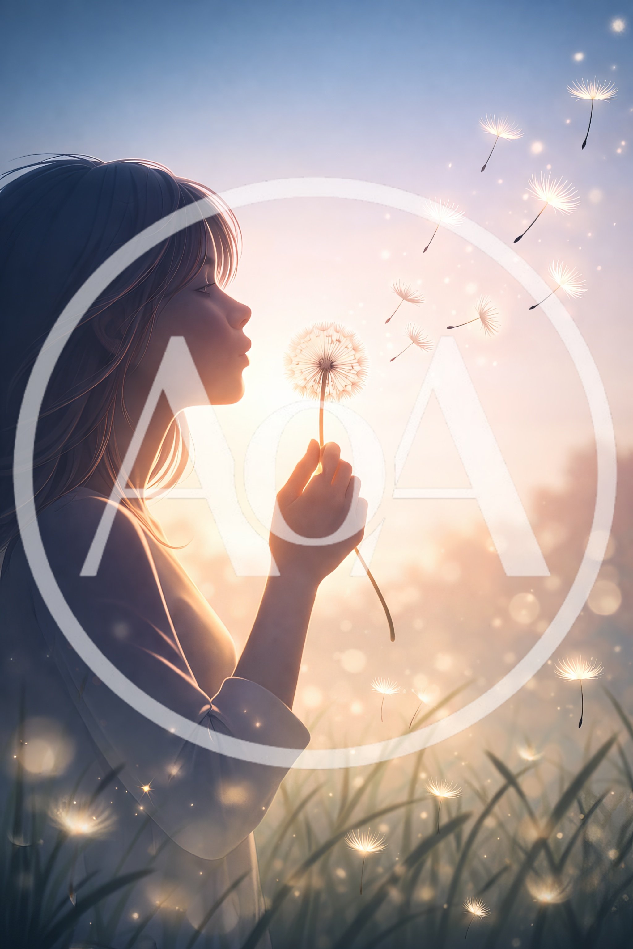 Young Woman Blowing Dandelion Seeds In Golden Hour Light